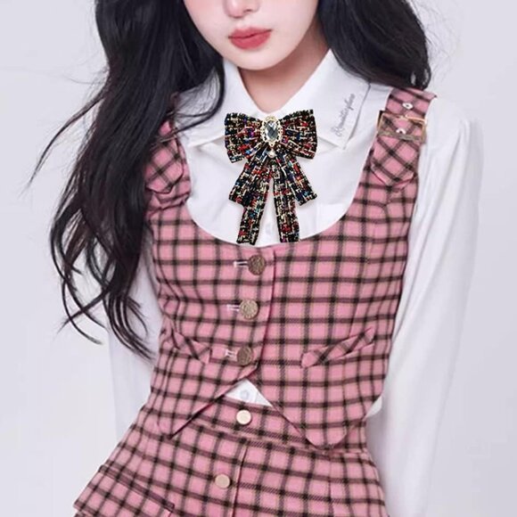 Women's Faux Pearl Rhinestone Bowknot Brooch Pin Elegant Necklace Accessory - Picture 2 of 6